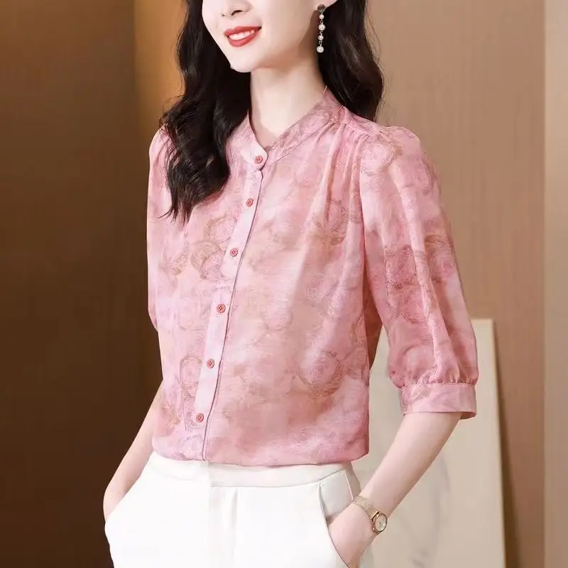 Elegant Fragmented Chiffon Single-breasted Shirt Women\'s 3/4 Sleeve Summer New Loose and Slim Shirt Covering Top Small Shirt
