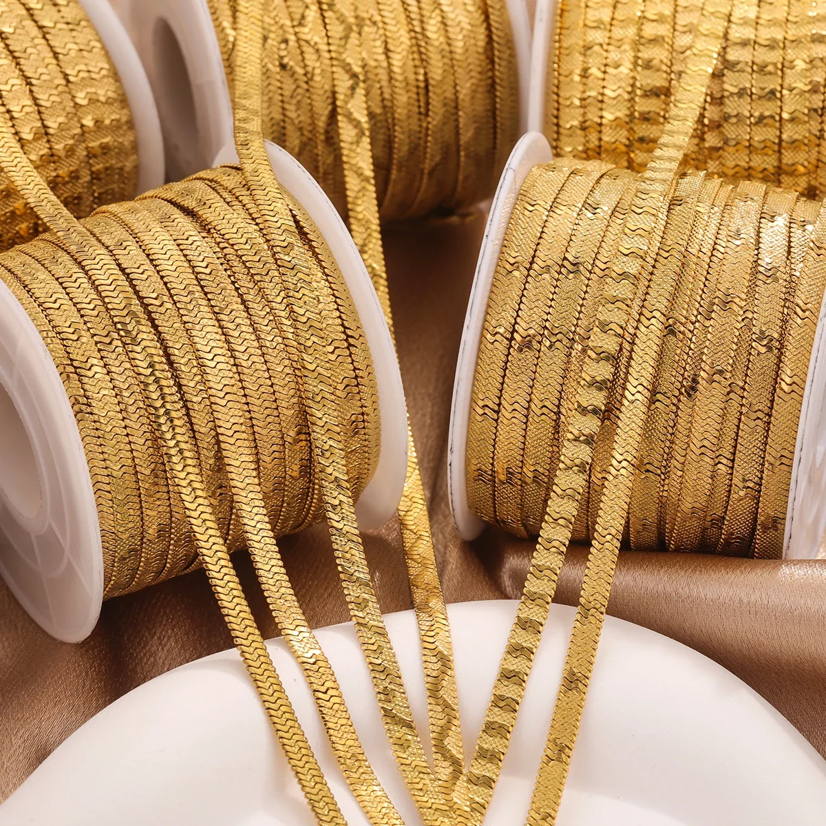 1 M Stainless Steel Textured Snake Curb Chains Embossing 4mm PVD Gold Plated Flat for DIY Jewelry Making Necklaces Supplies