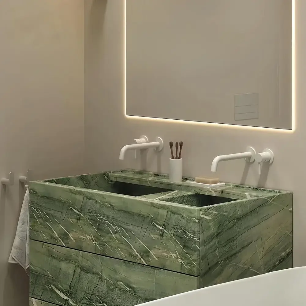 

"Vintage Green Jade Marble Vanity - Retro Slate Floor Standing Bathroom Sink Cabinet Customizable Luxury Washbasin"