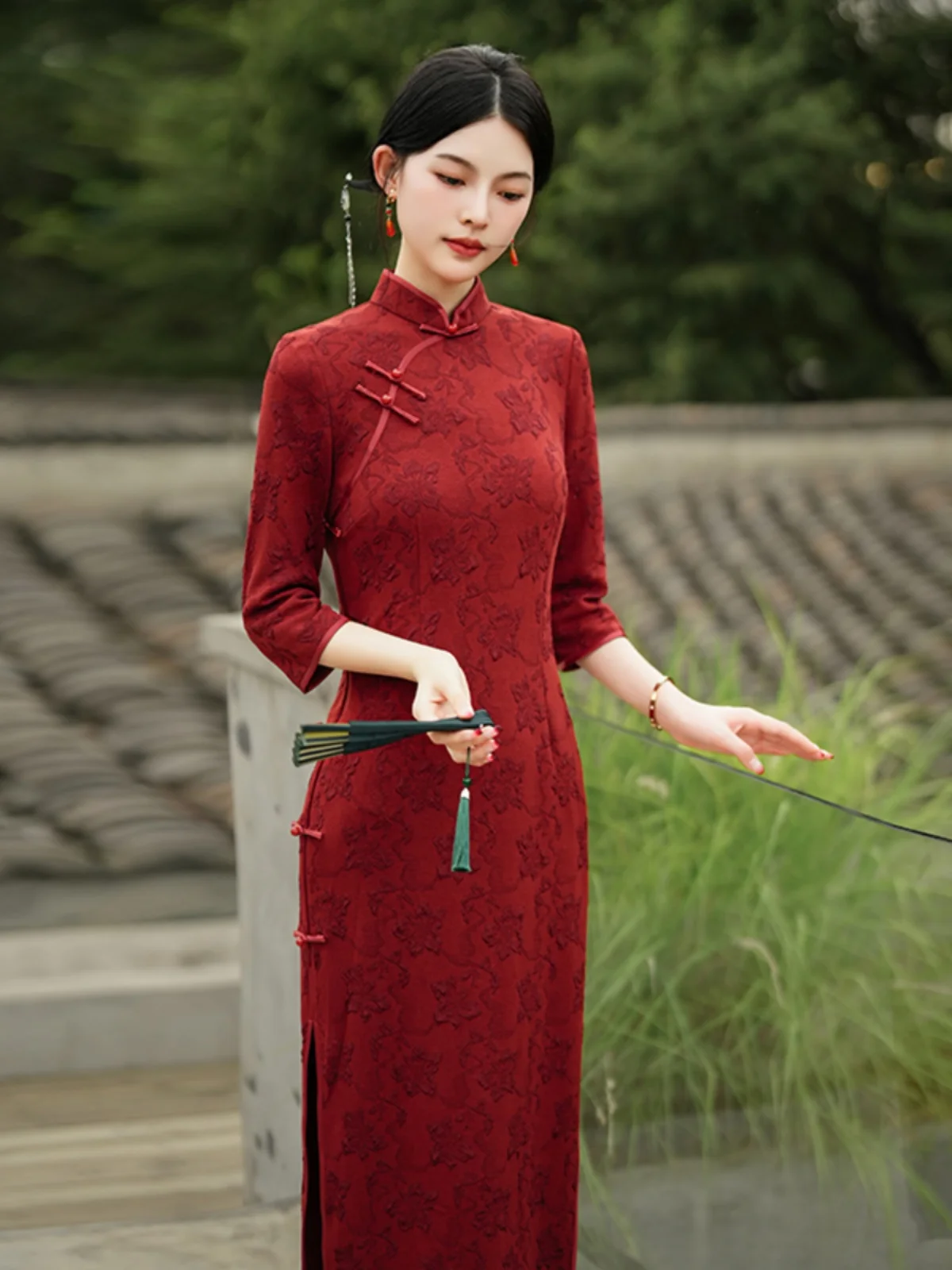 

Red Long Sve Wedding Dr Vintage Sle Engaging Mother-in-Law Evening Gown High-End Feel Low Slit Daily Wear