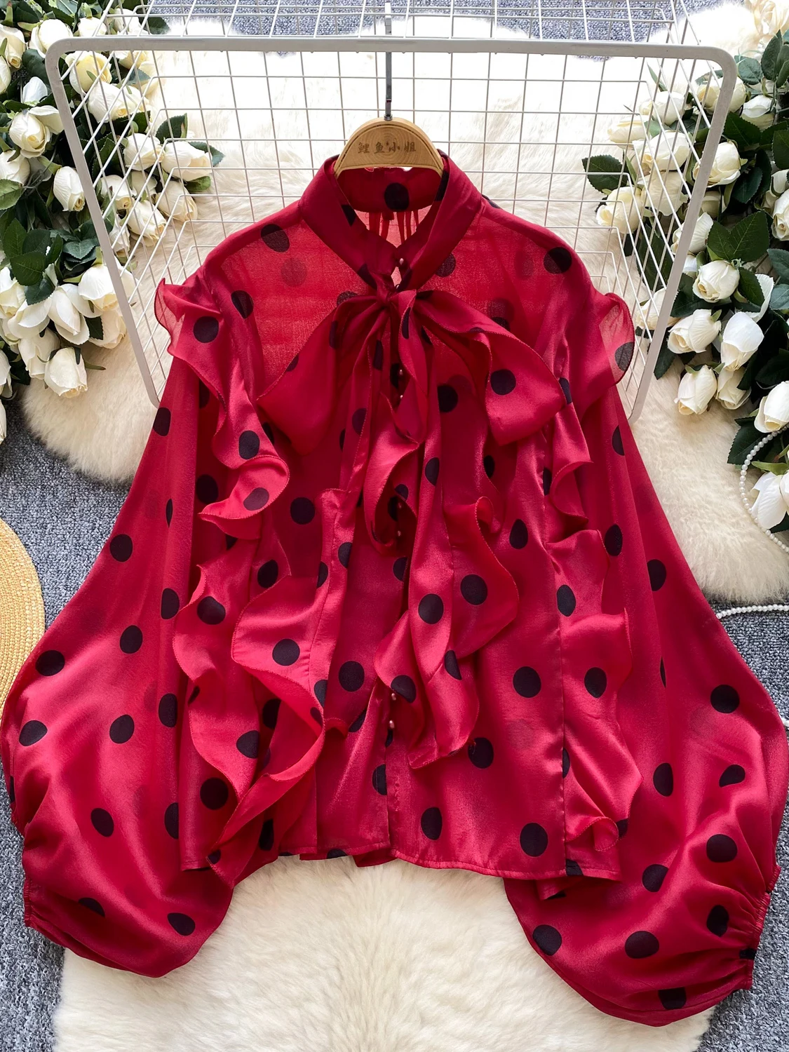

2026 New Autumn Women Vintage Stand Collar Lantern Sleeve Shirt Bow Lace Up Ruffles Patchwork Polka Dot Print Mesh Shirt Tops