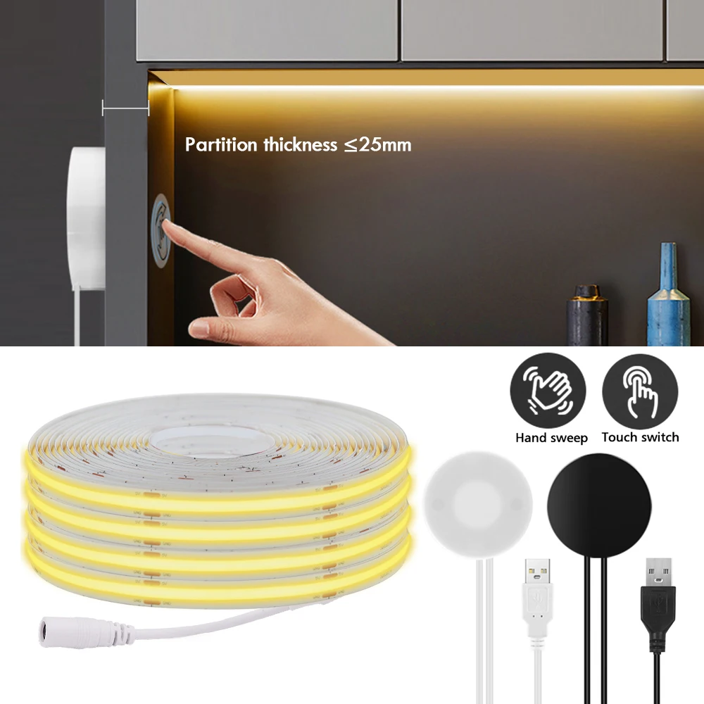 

Dimmable USB 5V LED Under Cabinet Light COB Strip With Penetrable 25MM Wood Wireless Touch Sensor Control Touch Dimmer Switch