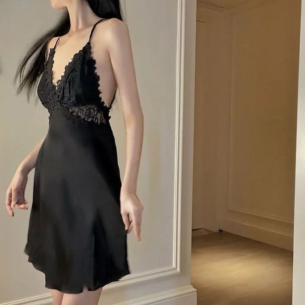 

Lace Women's Pajama Dress Dress with Pads Hollow Out Ice Silk Suspender Nightdress Sleeveless Thin Slim Sling Nightgown