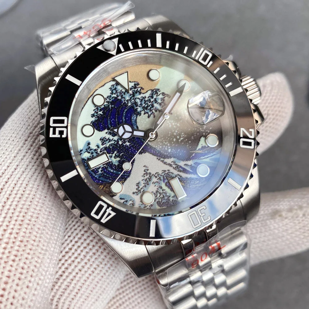 Tandorio 40mm NH35 Automatic Men Wristwatch SUB Brushed Case Full Luminous Kanagawa Dial Multi-color Bezel 316L Jubilee Band