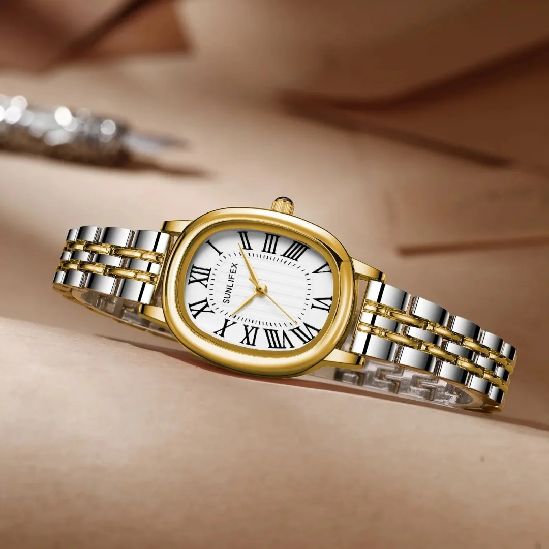 SUNLIFEX Oval Simple Women’s Watch Business Gold Silver Quartz Wristwatch Stainless Steel Folding Clock Elegant Dress Ladies Wa