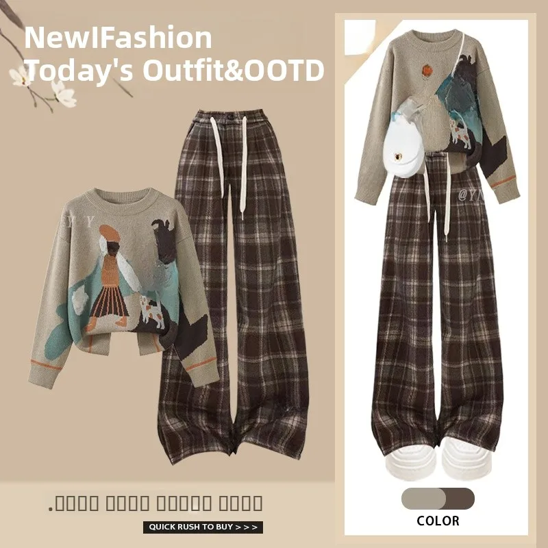 

Вязаный комплект в стиле ретро, женский свободный свитер с цветочным принтом для ленивых, с высокой талией, утягивающие клетчатые повседневные брюки, модные двух...