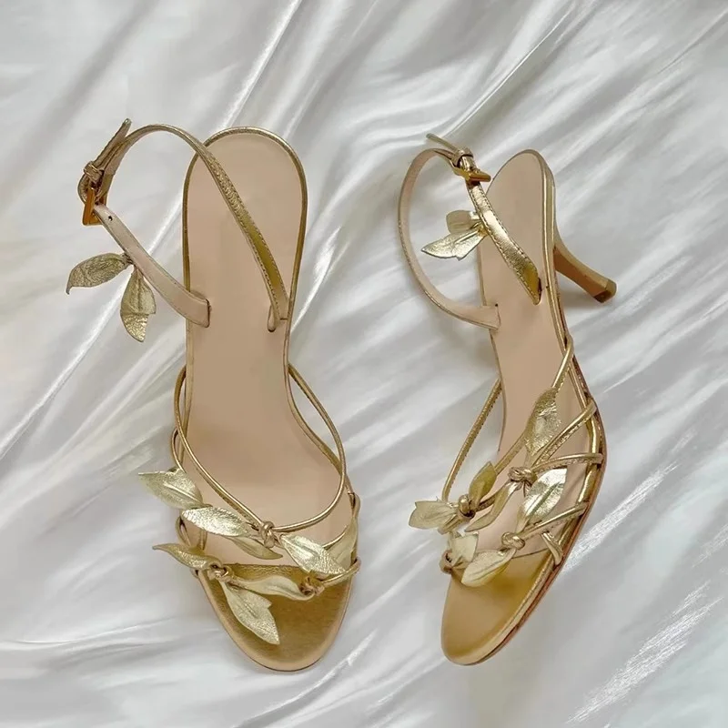 Golden Leaves Decor Sandals Stiletto Heels Elegant Luxury Dress Shoes High Heeled Retro Leather Vintage Shoes for Women Wedding