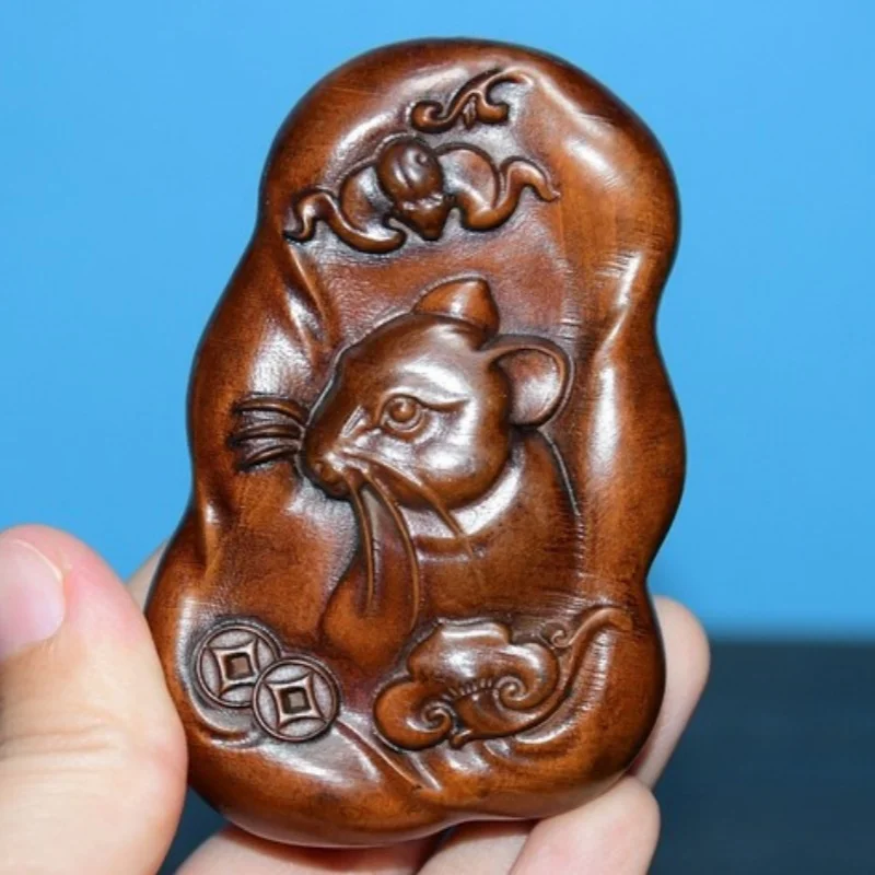 

China Vintage Boxwood Wood Carved Mouse Statue Exquisite Ornaments Wooden Art