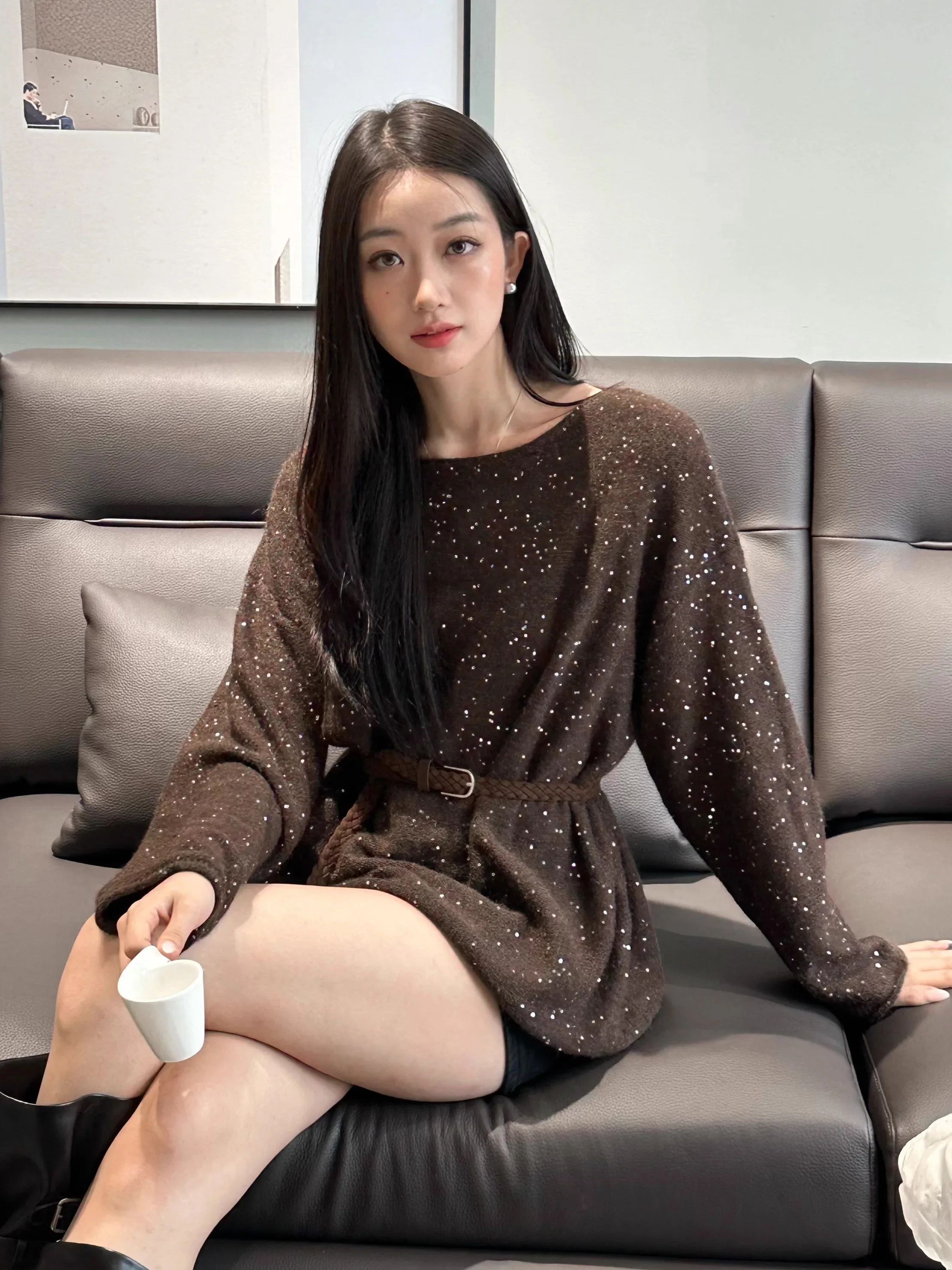 

Autumn Winter Women's Knitted Sweater Woolen Fce Loose Fit round Ne Top with Belt Glitter Soft Warm Casual Sle