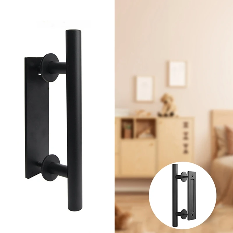 مجموعة مقبض الباب الدائري - شريط مستقيم، باب خشبي، مقبض باب منزلق داخلي، مقبض دائري خفيف الوزن، أسود