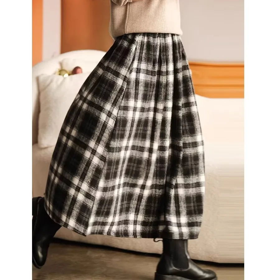 กระโปรงทรงเอลายสก็อตผ้าวูลเนื้อนุ่ม เอวยางยืด สไตล์เรโทร ดีไซน์ศิลปะ กระโปรงยาวติดกระดุม สำหรับผู้หญิง ผ้าฝ้ายใส่สบาย เหมาะสำหรับใส่ไปทำงานหรือใส่ลำลอง...