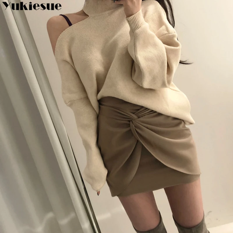 Korean chic temperament Elegant Design thickening Sweater Sexy hollow open one shoulder Turtleneck pullover loose sweater