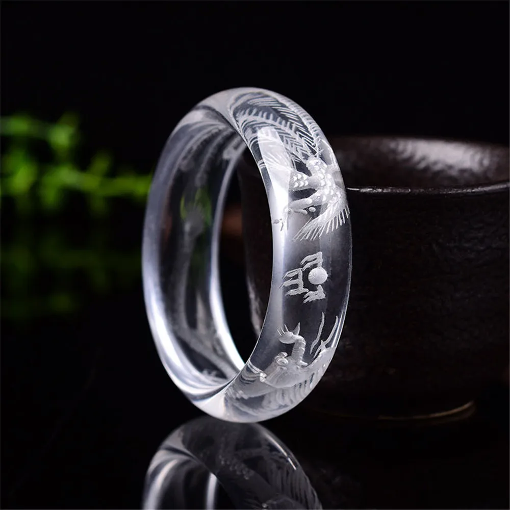 Genuine Natural White Quartz Bangle Dragon Phoenix Carved For Women Lady Healing Crystal 56mm 57mm 58mm  62mm 63mm 64mm AAAAA