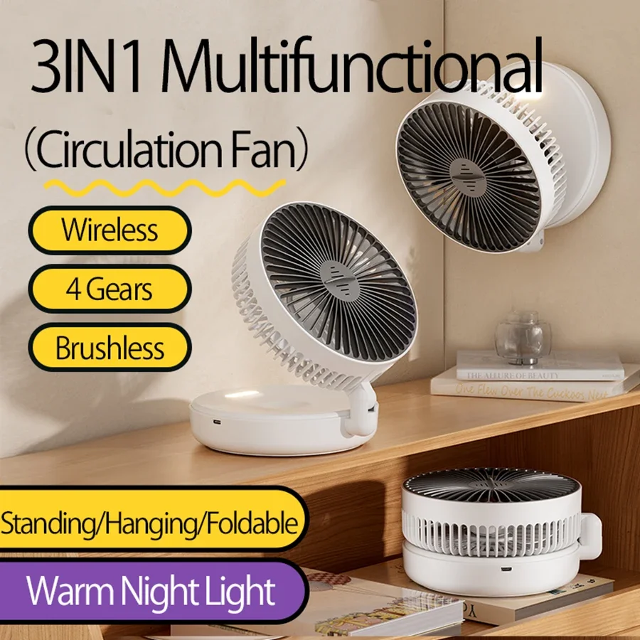 2024 New 5000mAh Rechargeable Table Fan Portable Air Conditioner Wall Mounted Fan 90° Folding Fan 4 Gears with Warm Night Light