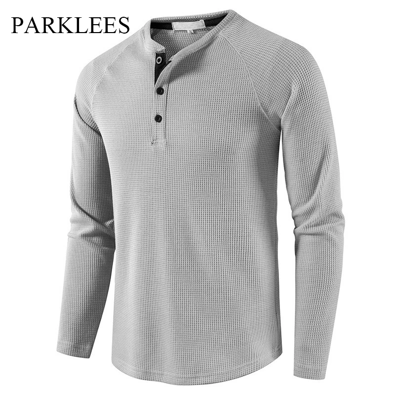 Parklees Grey Waffle Mens Henley Shirt Casual Solid Breathable High Quality Shirts Regular Fit Long Sleeve Basic Tops Tees Homme