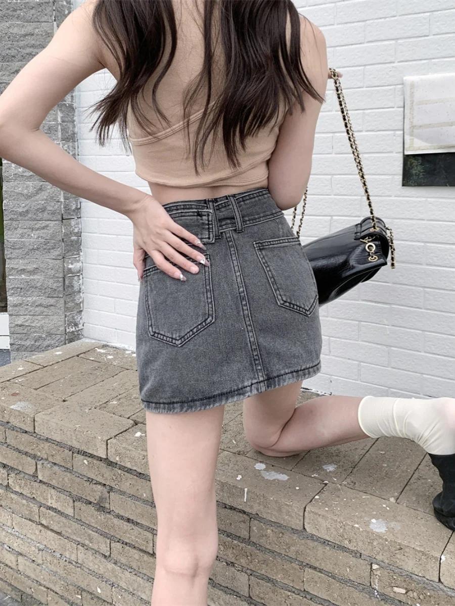 Dżinsowa spódnica z wysokim stanem damska, dopasowana, w kształcie litery A, krótka spódnica, koreański styl, do pracy, jednolity kolor, nowość na lato.