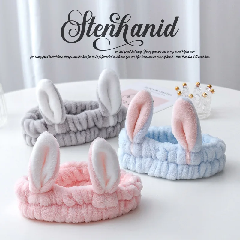 2026 New Korean Wide Headband with Cute Plush Rabbit Ears, Soft Hair Band for Face Washing Makeup Mask, Women Hair Accessories