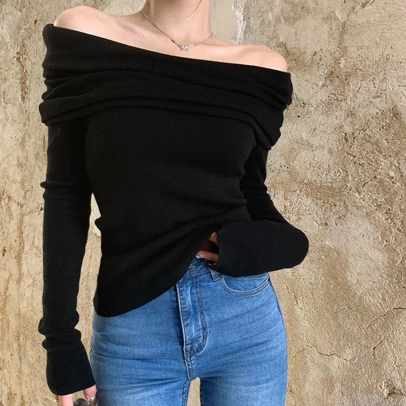 HELIAR Women Knitted Long Sleeve Sweater Off Shoulder Slash Neck Slim Sweater Solid Office Pullovers Women Autumn Winter