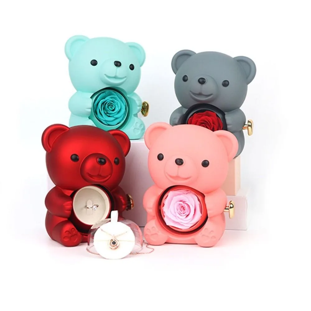 Creative Rotating Rose Jewelry Box Soap Flower Pink Bear Gifts Box Red Necklace Storage Ring Gift Case Wedding