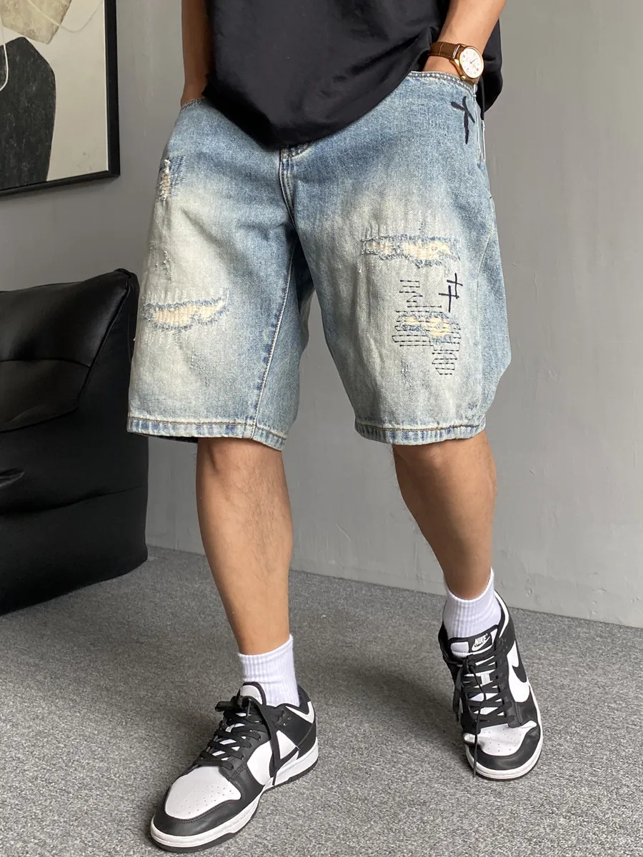 

Retro American Distressed Embroidery Denim Shorts for Men Summer New Loose Casual Five Parts Trendy mid Waist Machine Embroidery