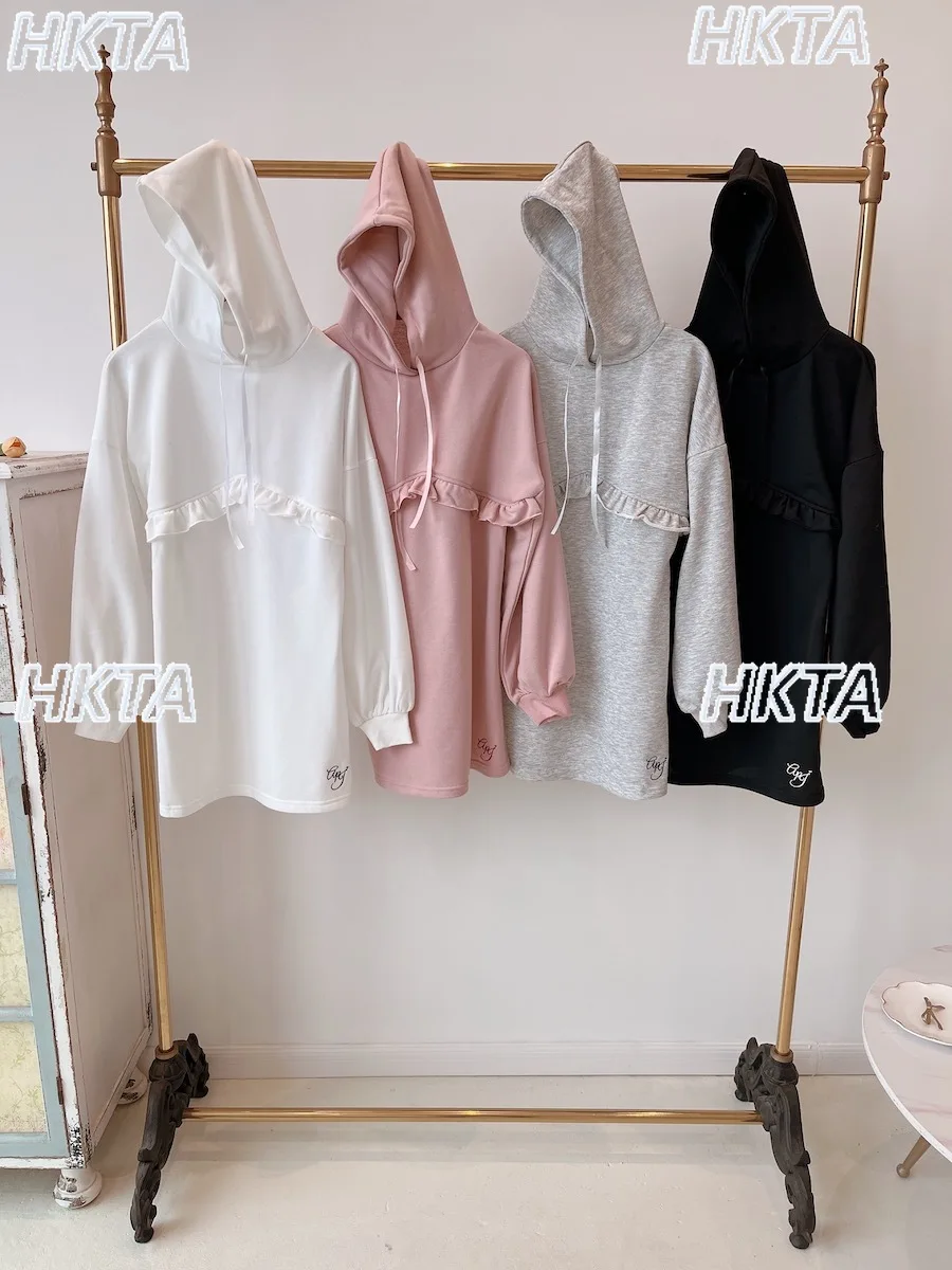 

Белое платье с капюшоном и длинными рукавами в японском стиле с рюшами и вышивкой по краям, женское милое свободное повседневное вязаное платье