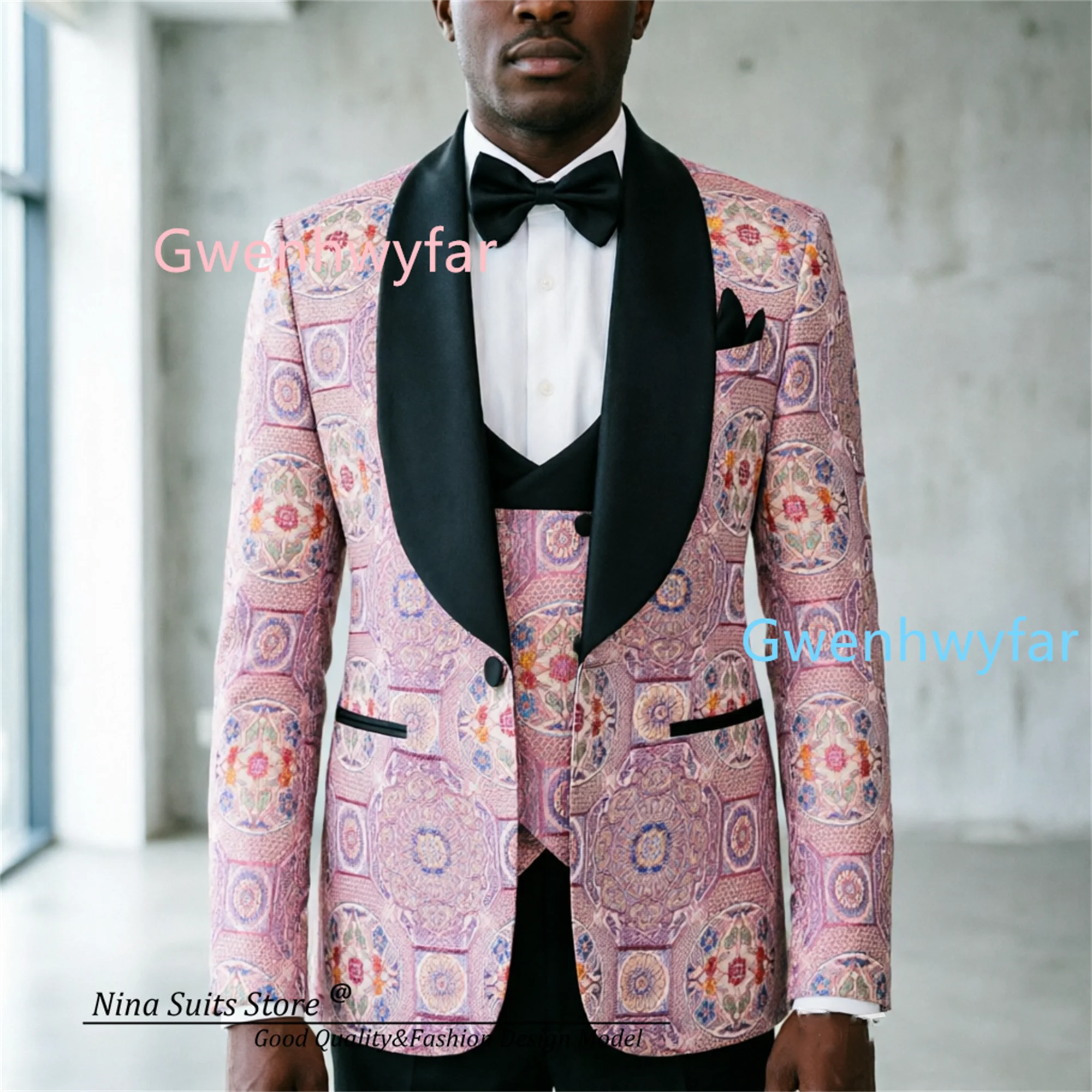 G&N Bespoke Vase Patterned Colorful Jacquard Suit Jacket with Vest and Black Pants 2026 Fashionable Men's Suit Ball Tuxedos