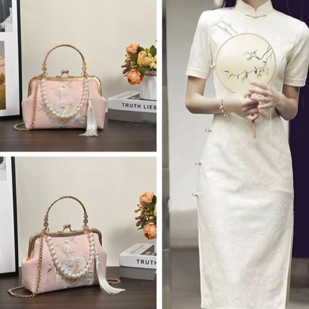 

Peony Cheongsam Embroidered Banquet Bag Pearl Chain Elegant Antique Shoulder Bag Handheld Large Capacity Crossbody Bags Woman