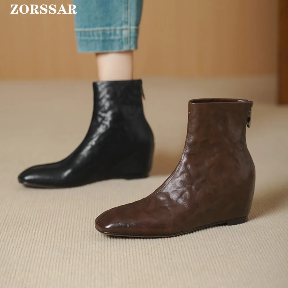 2025 Winter New Brand Women Short Boots Genuine Leather Fashion Square Toe Ladies Elegant Ankle Boots Wedges Dress Pumps Shoe