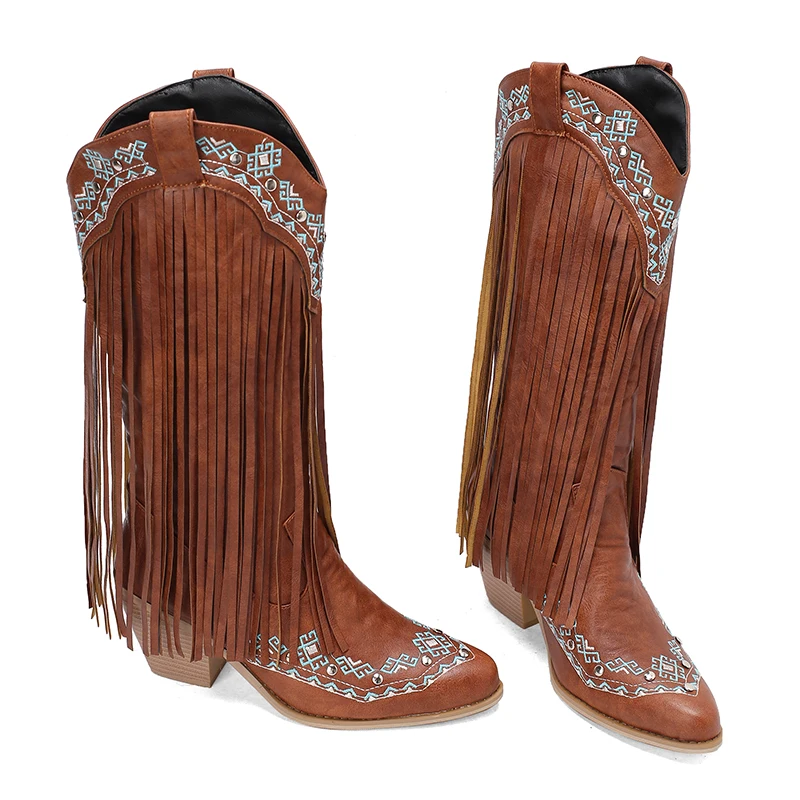 

Embroidered Fringe Cowboy Boots for Women, Cowgirl Mid Calf Boots With Rivets Pull On Chunky Heel Retro Western Country Shoes