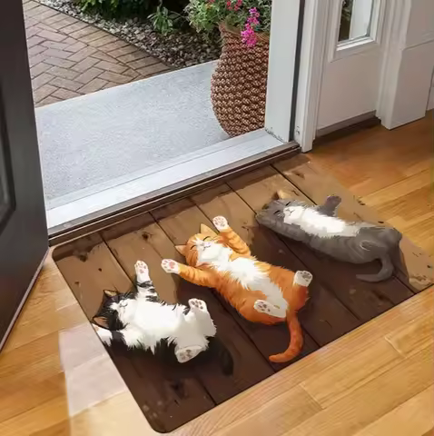 Three Lazy Cat Pattern Anti Slip Welcome Mat Durable Indoor and Kitchen Floor Mat Easy To Maintain Home Decoration Cat Theme