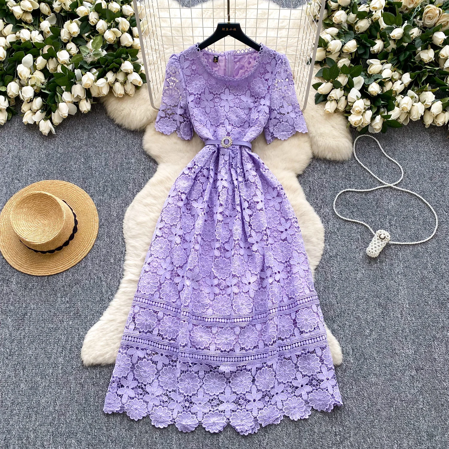 Elegant Flower Embroidery Water Soluble Lace Wedding Dress Women's Short Sleeve Crystal Belt Hollow Out Prom Evening Vestidos