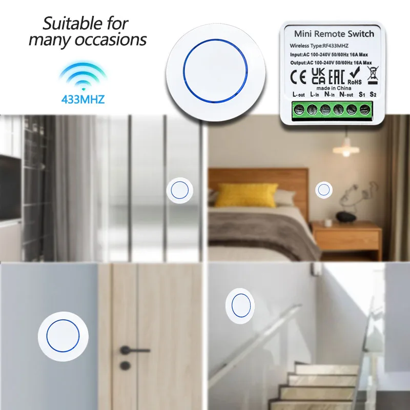 무선 433MHz 리모컨 스위치 미니 원형 버튼 패널 스위치 16A 릴레이 수신기 모듈 100-240V LED 램프 DIY 홈 오토