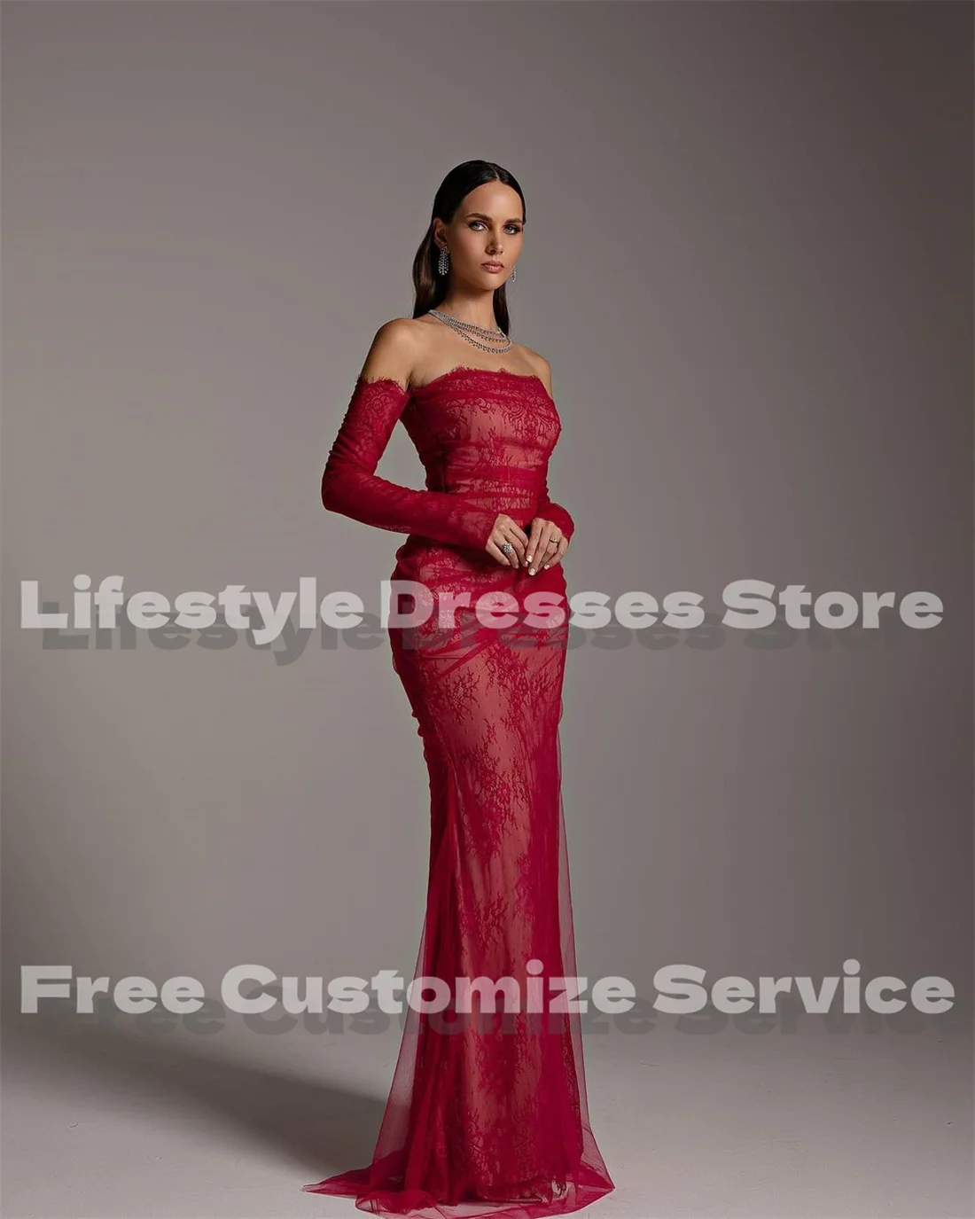 Vestidos de Noche elegantes de sirena de encaje personalizados, vestido de fiesta largo plisado de manga larga para ocasiones especiales, vestidos de fiesta