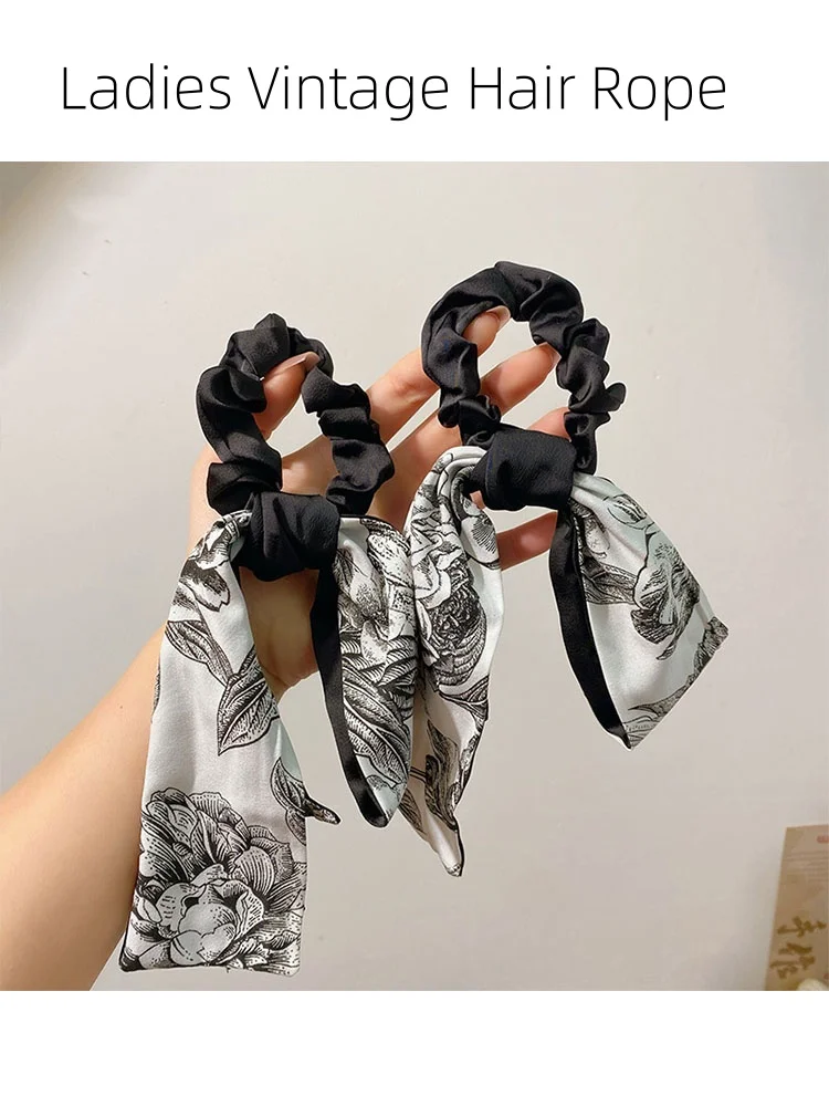 New Satin Sausage Hair Bands Vintage Printed Hair Bands Temperament Tie Hair Rope Landscape Painting Headband Hair Band