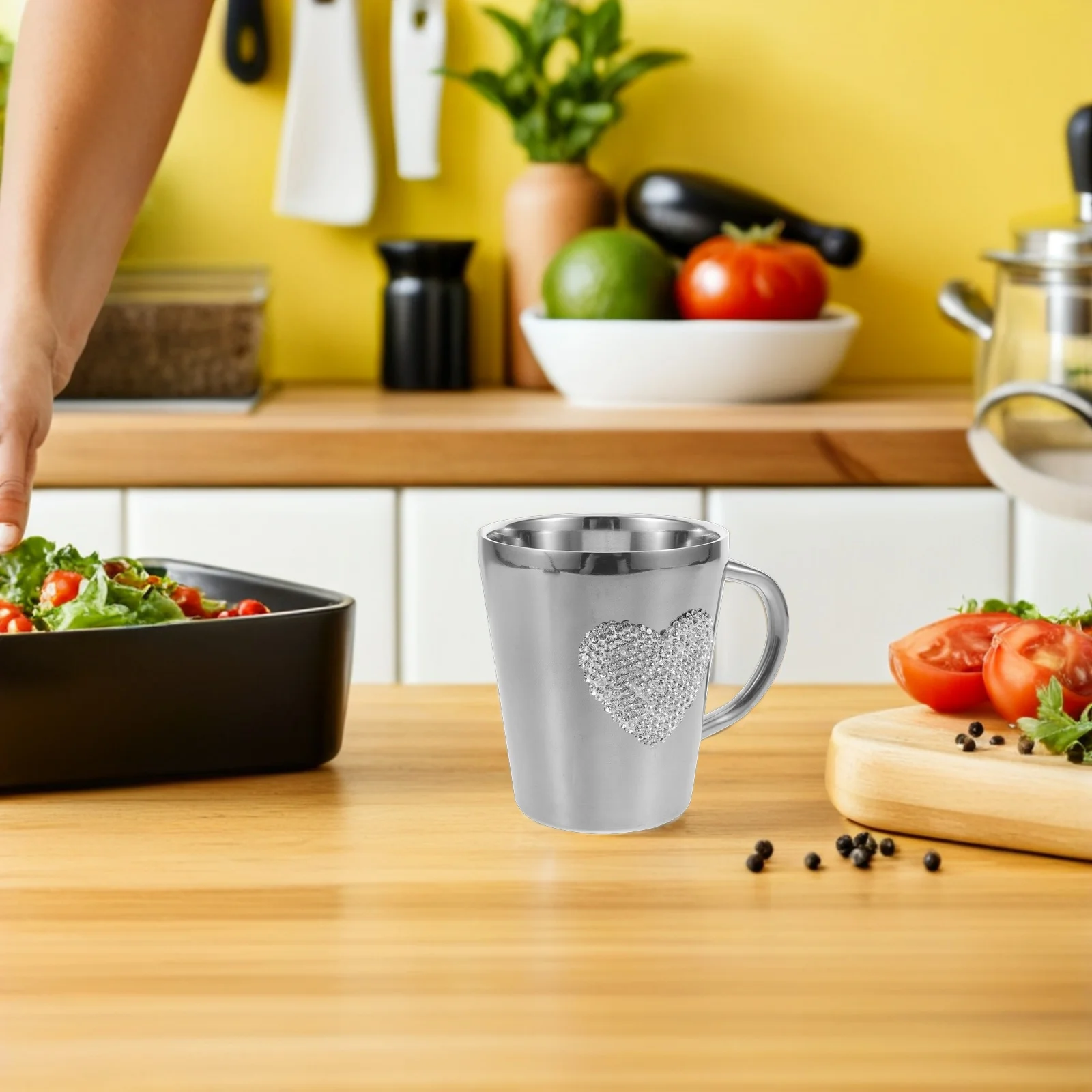كوب قهوة من الفولاذ المقاوم للصدأ على شكل قلب من حجر الراين، كوب صغير للتخييم، كوب سفر قابل لإعادة الاستخدام، كوب شاي لاتيه معدني، قلب فضي لامع #6