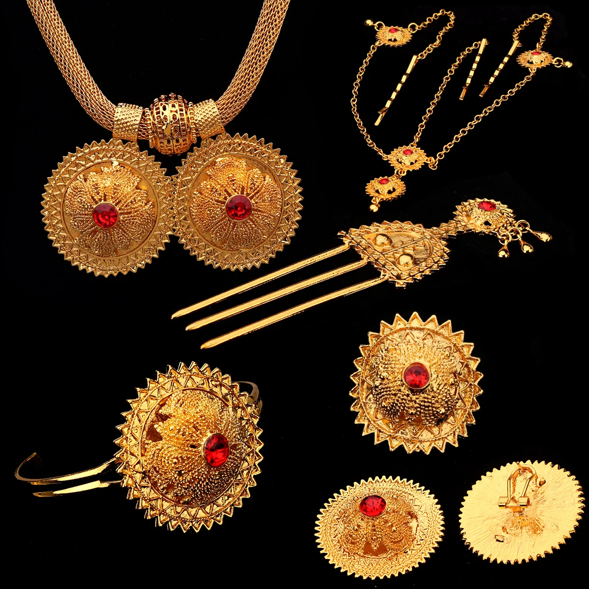 

Ethiopian for women gold plated bridal Hairpin Jewelry sets Hairpin necklace earrings bracelet ring gifts wedding jewellery set