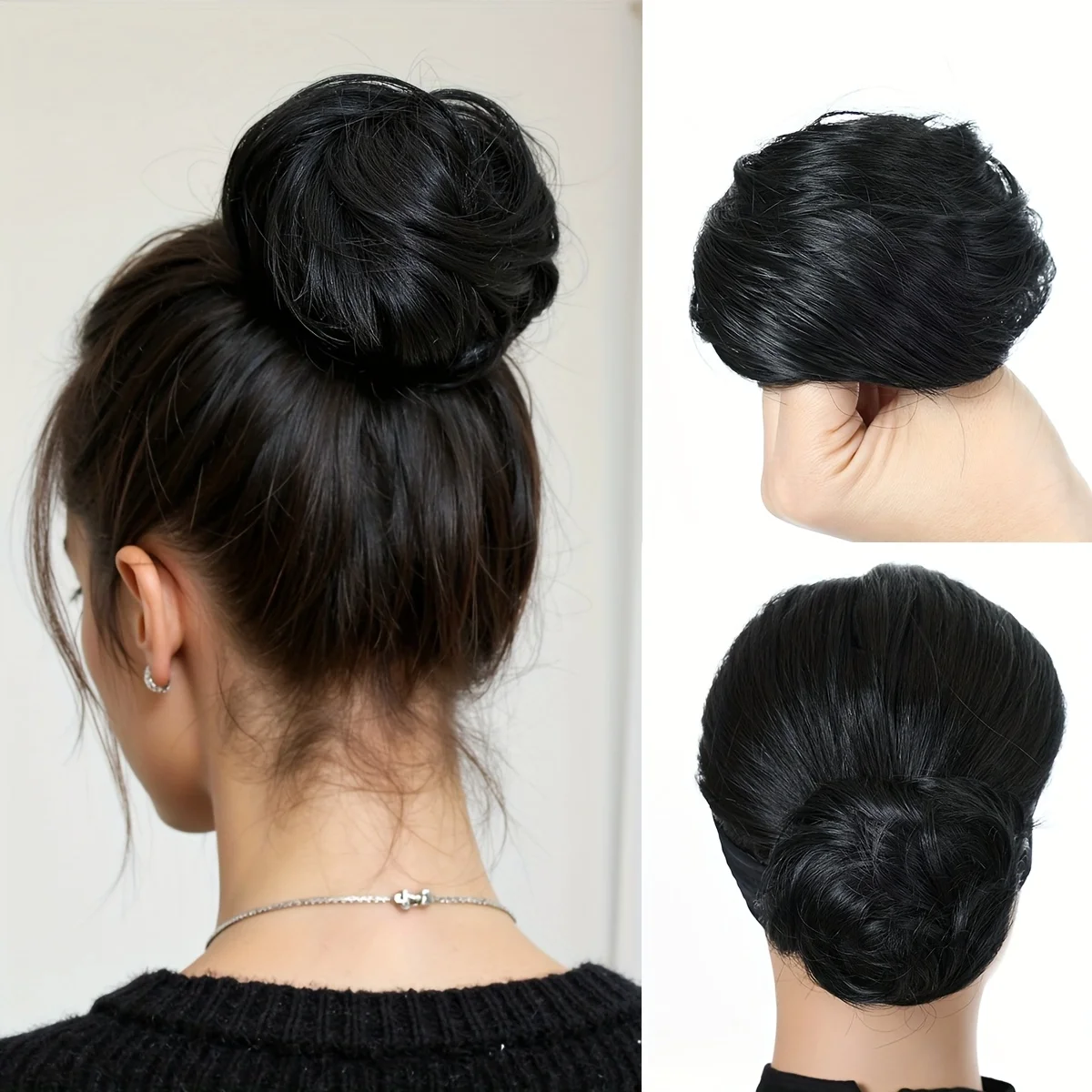 Synthetic Straight Hair Bun Hair Piece, Black Neat Smooth Chignon Bun Heat Resistant Synthetic Fiber Easy Wear Updo Hair Scrunch