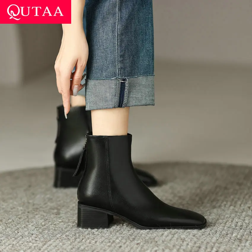 

QUTAA 2024 Retro Office Lady Ankle Boots For Women Autumn Winter Genuine Leather Back Zipper Shoes Woman Keep Warm Size 34-39