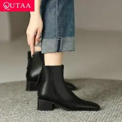 QUTAA 2024 Retro Office Lady Ankle Boots For Women Autumn Winter Genuine Leather Back Zipper Shoes Woman Keep Warm Size 34-39