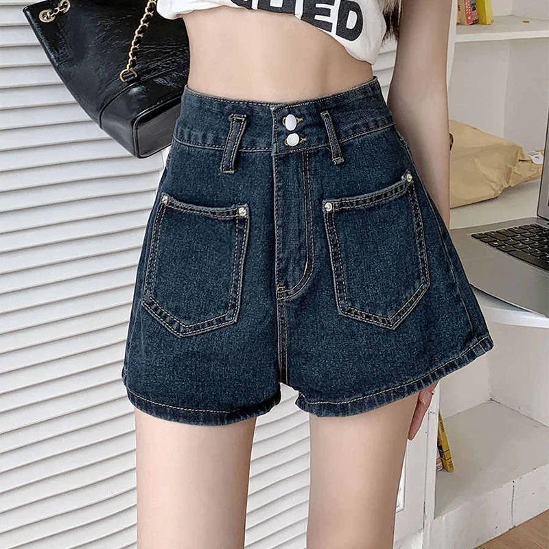 S-3xl Women Deep Blue Straight Denim Shorts Summer Oversized High Waist Wide Leg Hot Pants High Street Female A-line Shorts