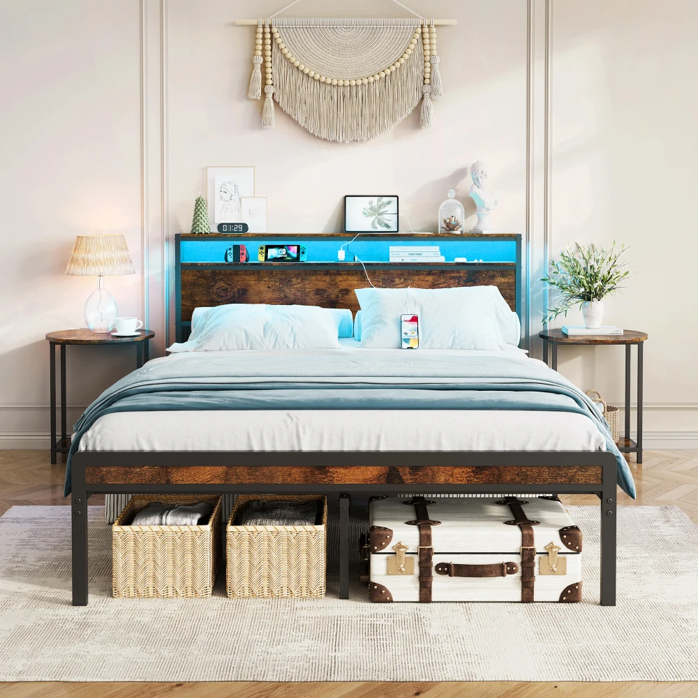 Full Size Metal Bed Frame with Headboard and Footboard, LED Lighting, Black Heavy Duty Mattress Foundation with Steel