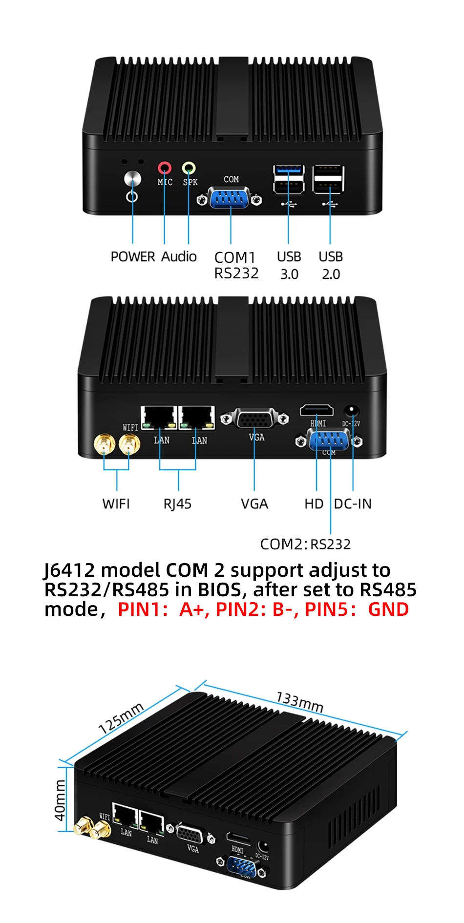 XCY Fanless Mini PC Intel Celeron J6412 Dual Ethernet 2x COM RS232 RS485 Windows Linux HDMI VGA 4x USB WiFi Industrial Computers