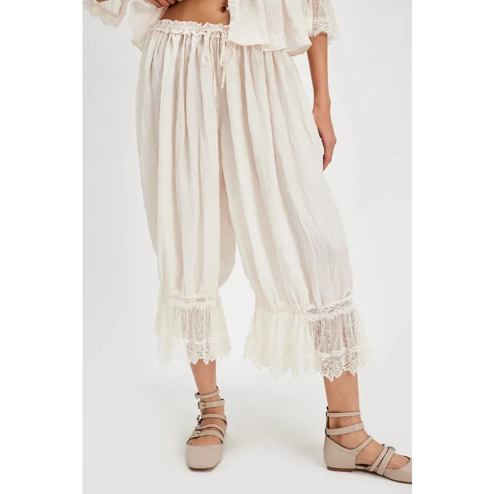 Boho Lace 2 Piece Pajama Set new hollow lace up Ruffled Puff Sleeve Top & Bloomers Loungewear Sleepwear home clothes for Women