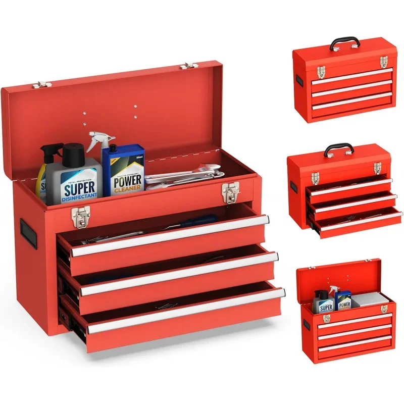 3 Drawer Metal Tool Box Portable Steel Toolbox,Slide Rail with Ball Bearing and 2 One Metal Latch,Suitable for Garage