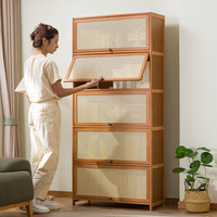 Modern Simple Living Room Bamboo Bookcase with Door Dustproof Shelf Cabinet Solid Wood Floor-standing Storage Cabinet