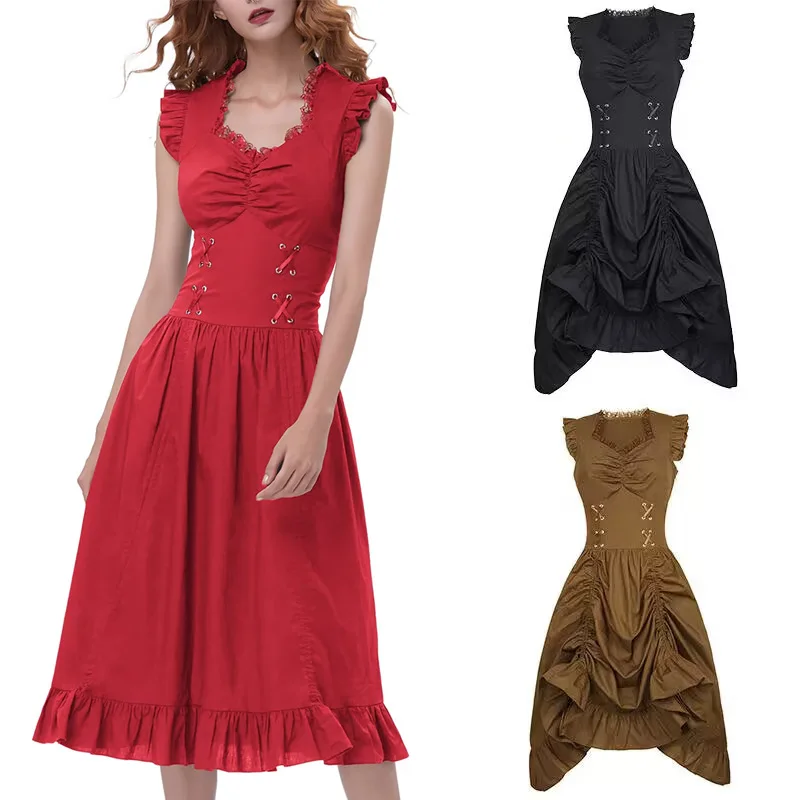 Women Pirate Sleeveless Dress Medieval Victorian Era Pleat Skirts Celtic Ruched Bodice Steampunk Clothing Western Cowgirl Dress