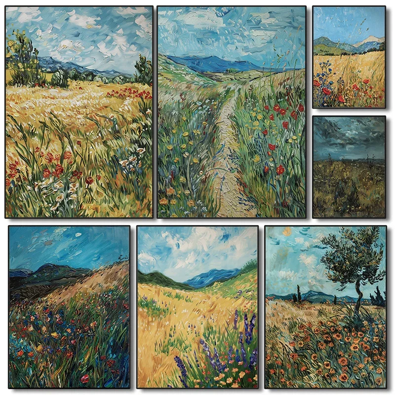 (No frame)Wildflower Flower Field Oil Painting Posters Vintage Country Spring Landscape Prints Canvas Wall Art Pictures Home