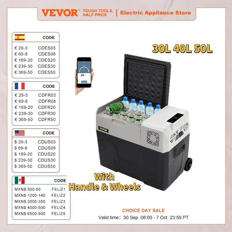 VEVOR 30L 40L 50L Mini Car Refrigerator Small Fridge Freezer Portable Compressor Cooler 12V/24V 220V for Driving Camping Picnic