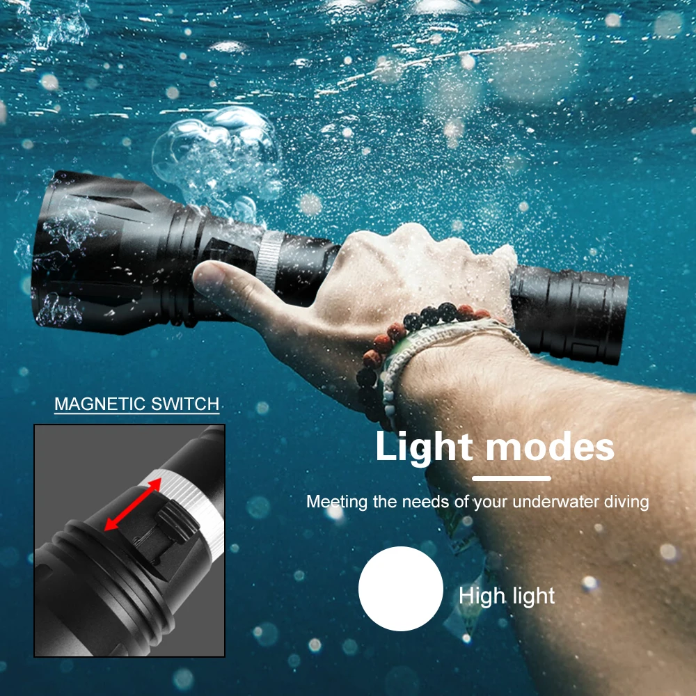 Asafee 50M Underwater P70 130° LED 1800LM Diving Flashlight Magnetic Switch High Light Torch IPX8 Waterproof Scuba Lantern