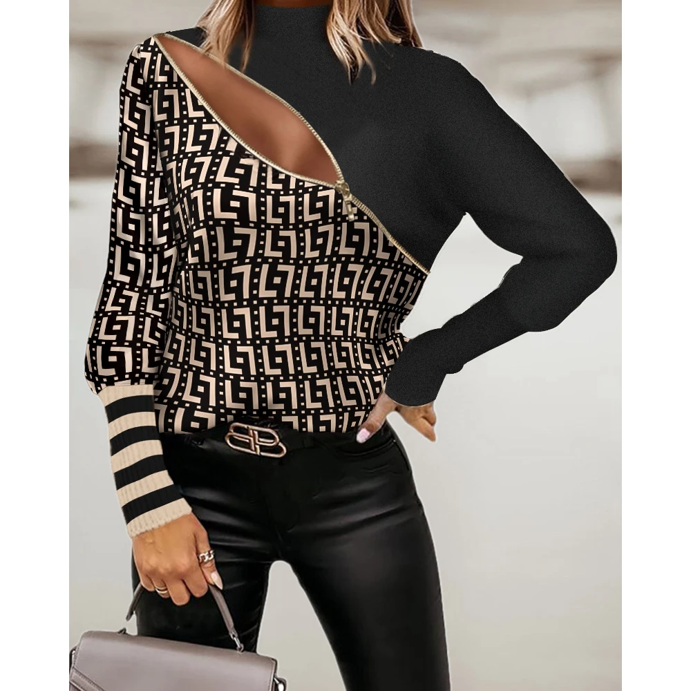 

Zip Front Striped Geometric Print Tee Shirt Long Sleeve Pullover Top Spring Clothing